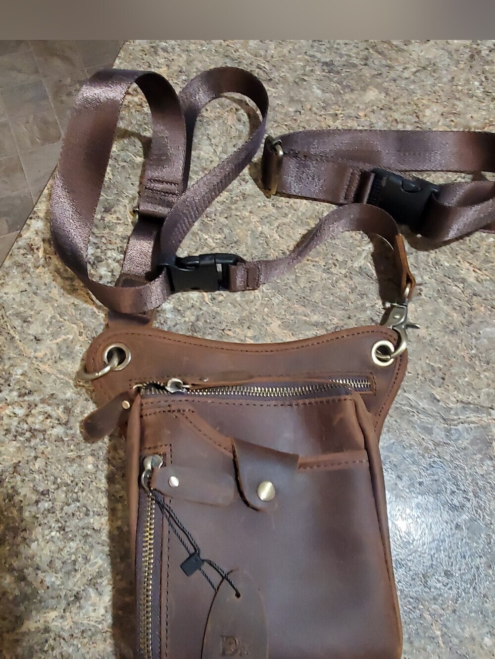 Leather New Pouch motorcycle Pouch Bag. Crossbody Waist Bag. Brown 4 Compartment